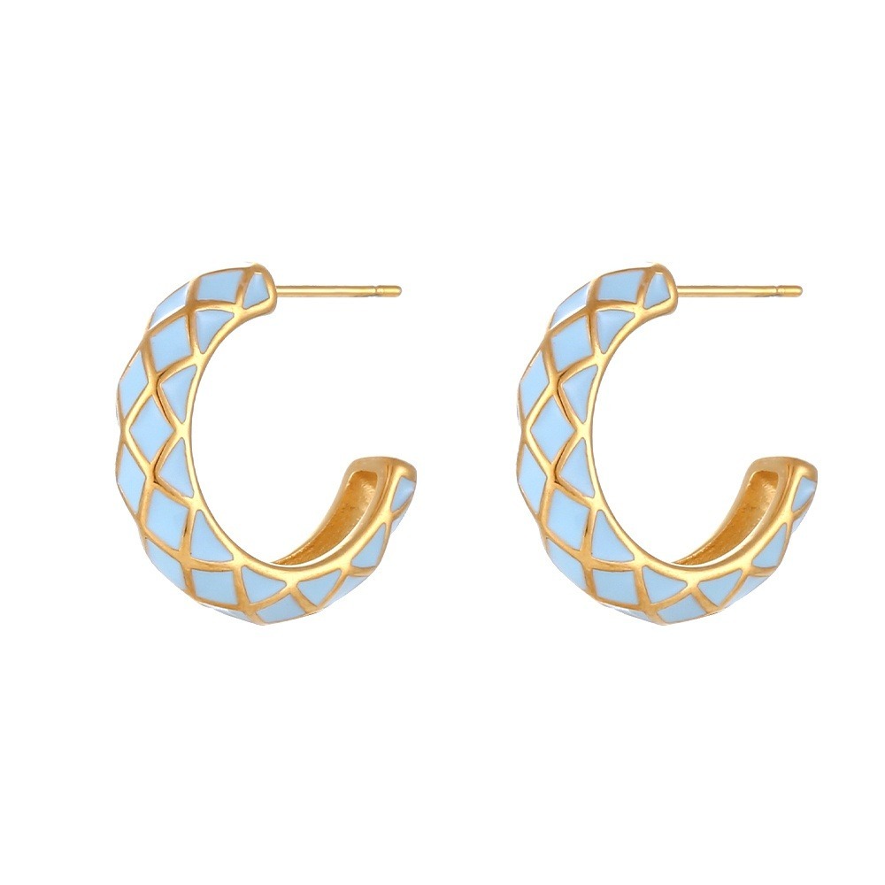 Light Blue Geometric Pattern‎ Hoop Earrings 18K Gold Plated Stainless